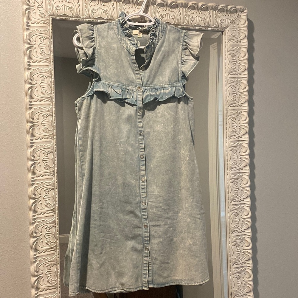 entro Washed Light Blue Ruffle Denim Midi Dress